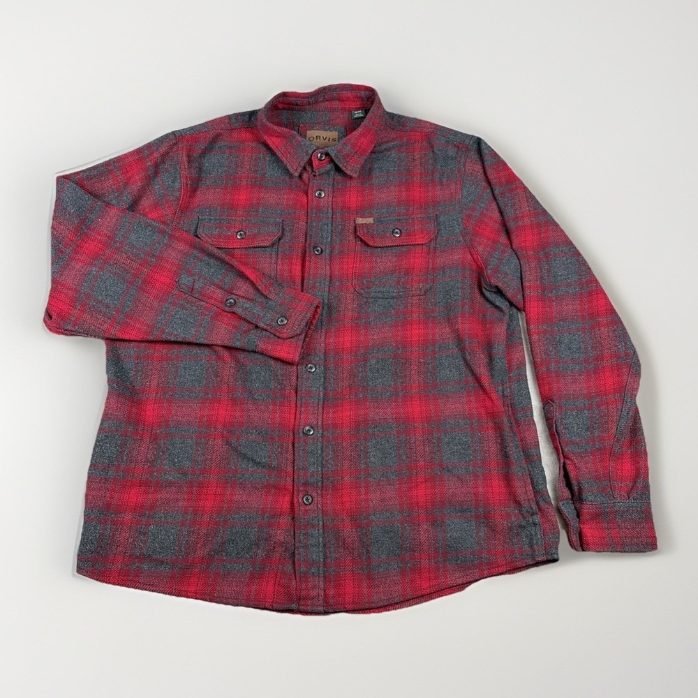 Orvis Flannel Shirt Mens XL Red Plaid Long Sleeve Button Up‎ Side Pockets